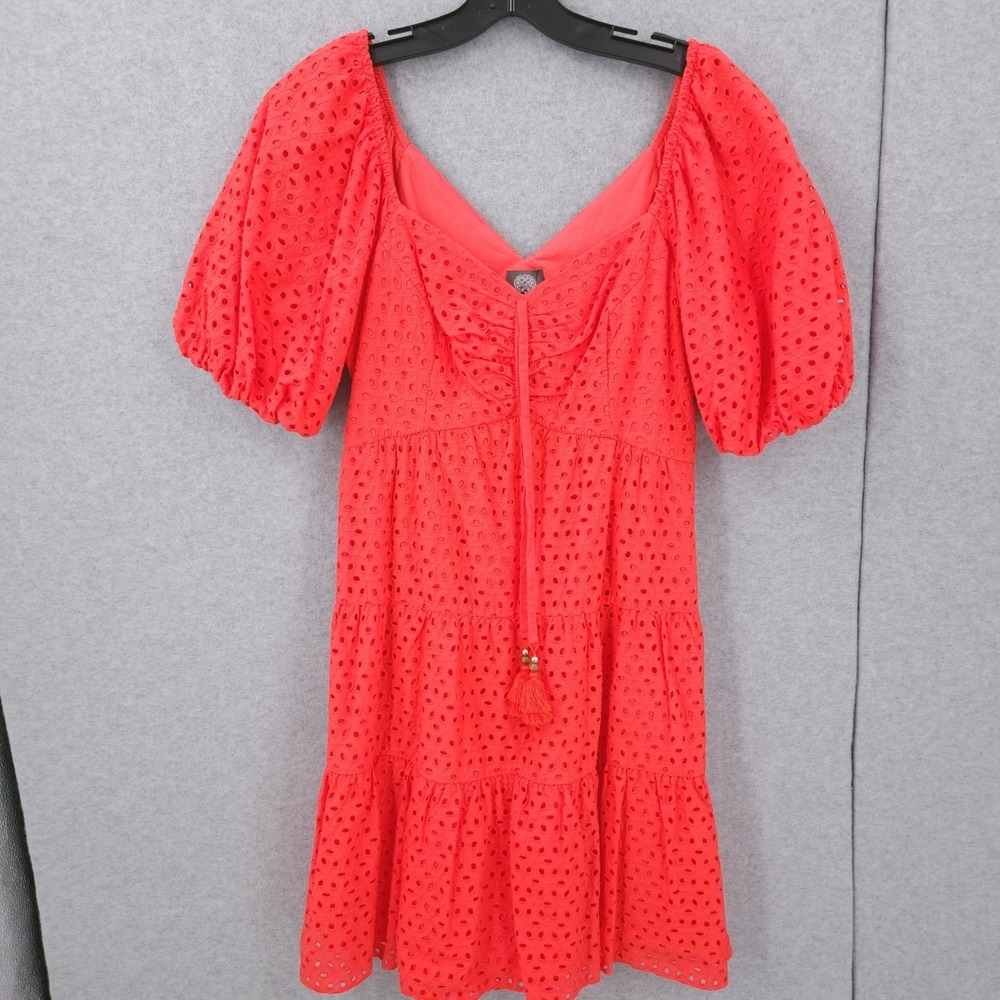 Vince Camuto V Neck Short‎ Puff Sleeve Eyelet Poppy Fit & Flare Dress Womens 6